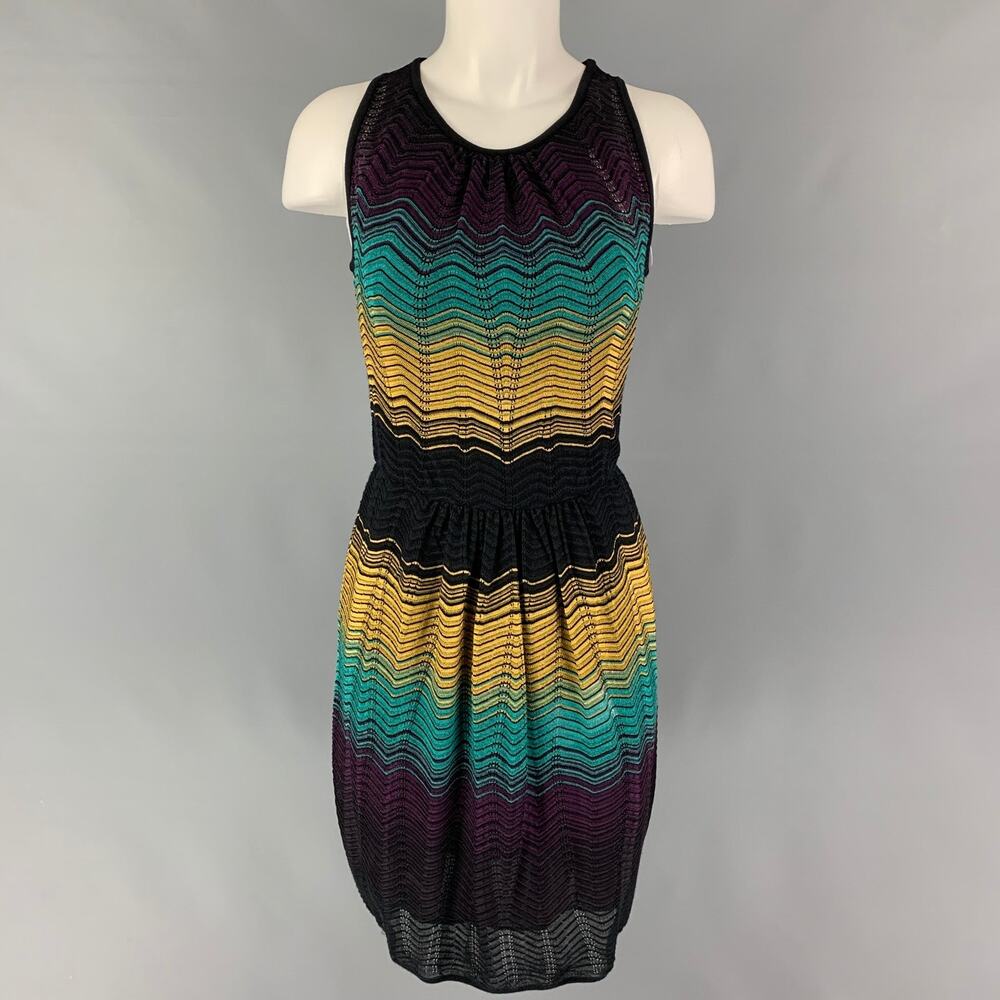 M MISSONI Size 6 Yellow Black Green Viscose Blend Zig Zag Sleeveless Dress